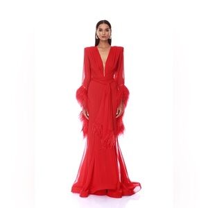 Bronx & Banco Red Geisha Flame Ostrich Feather Embellished Gown XS NWOT